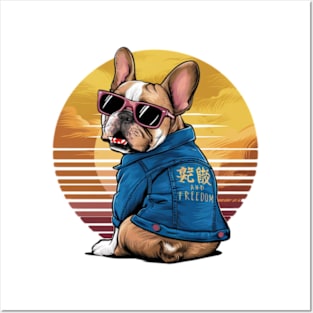 A vibrant vector illustration of a French Bulldog wearing sunglasses and a blue jean jacket, embodying a carefree(2) Posters and Art